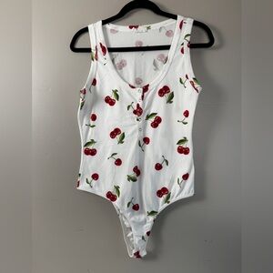 Womens Y2K Cherry Print Coquette Bodysuit M White Sleeveless Cute Summer Tank